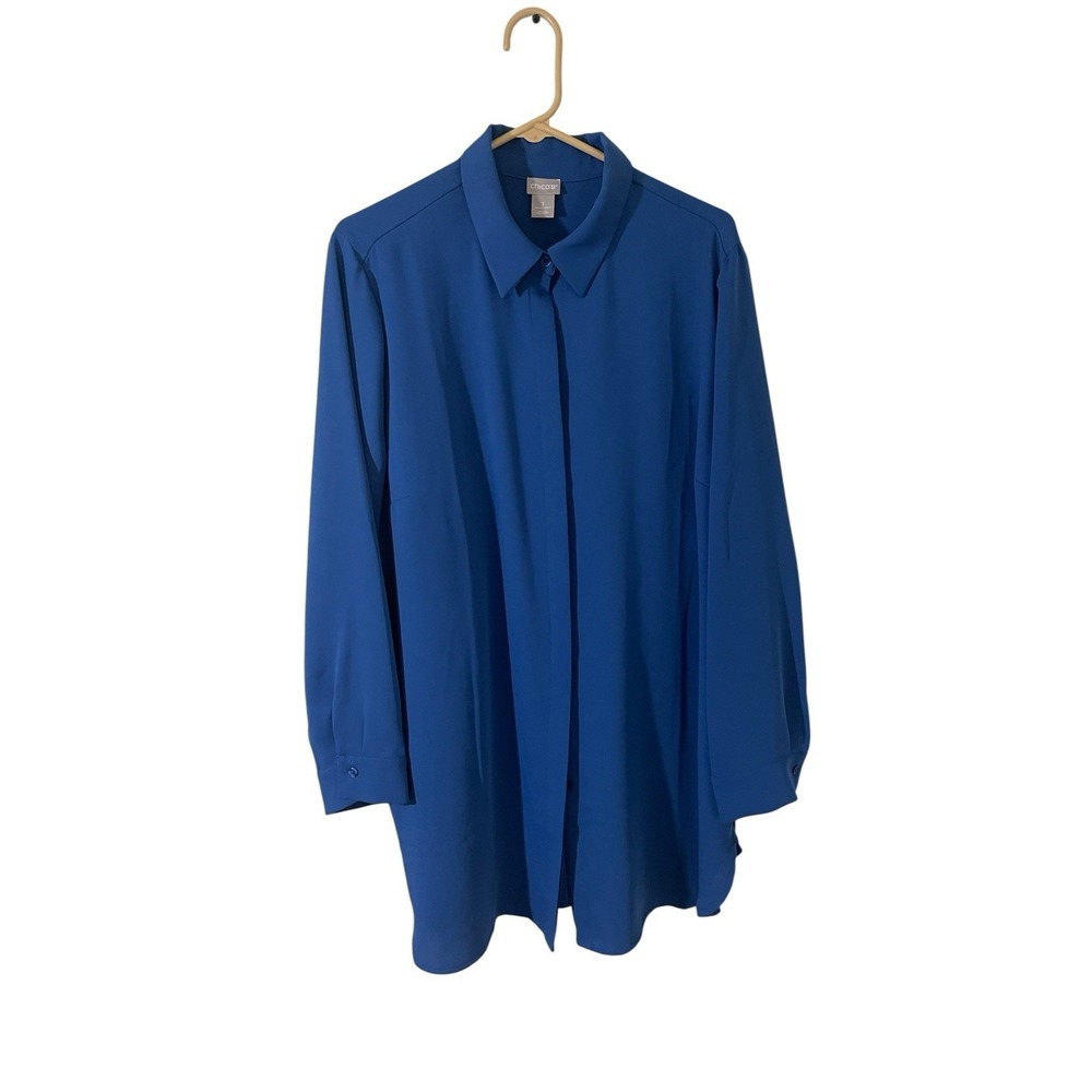 Chicos XL Blue Long‎ Sleeve Shirt Dress NEW Pleated Back Lagenlook Minimalist